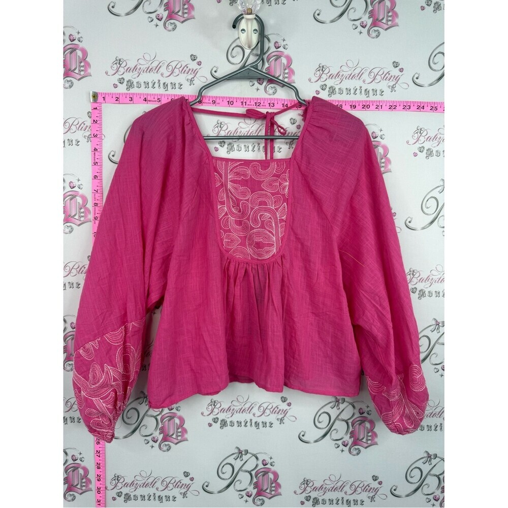 Rain top Embroidered Square-Neck Peasant Blouse in Fuchsia